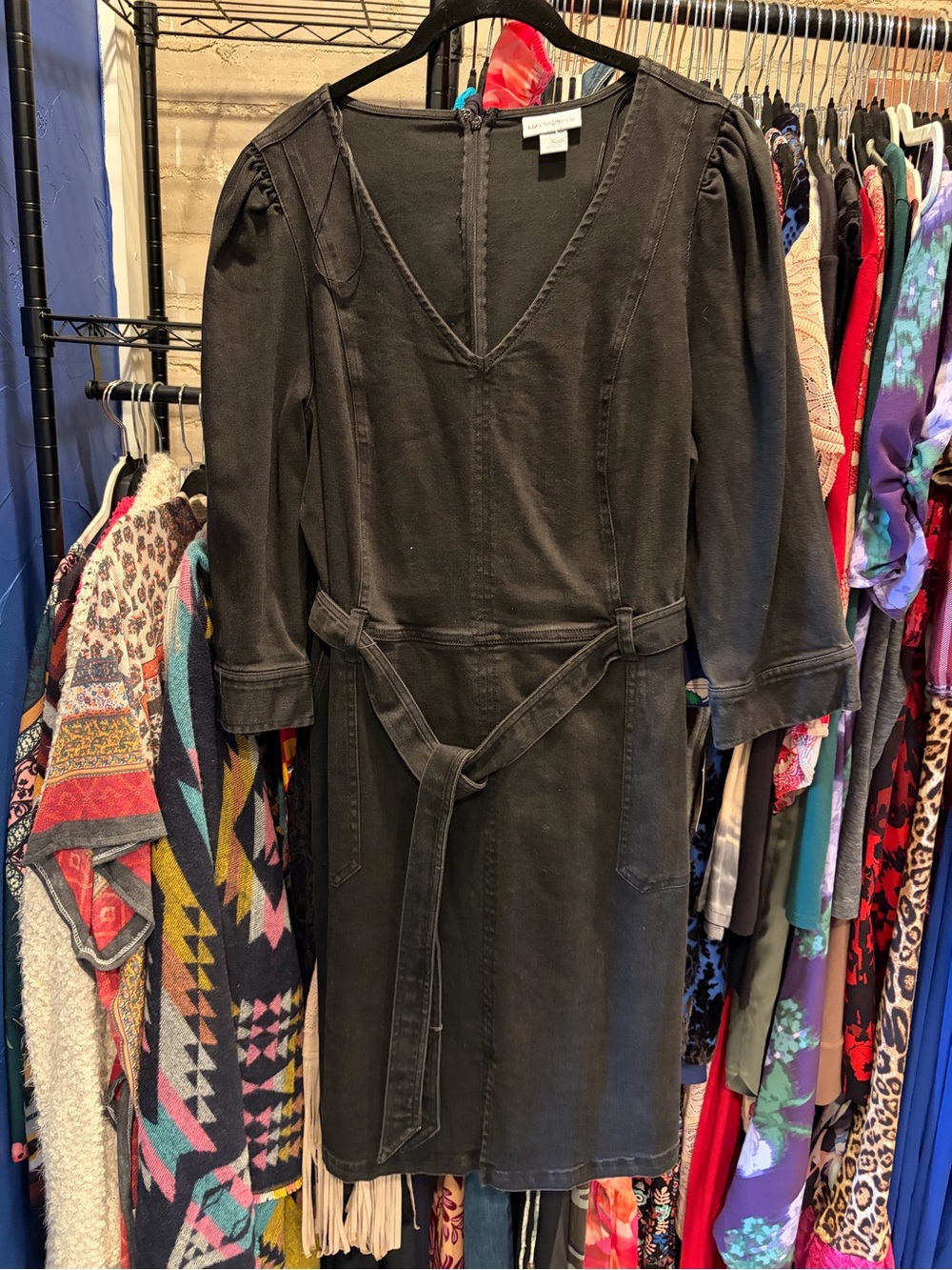 Vintage Liz Claiborne Washed Black V-Neck Belted Denim Dress